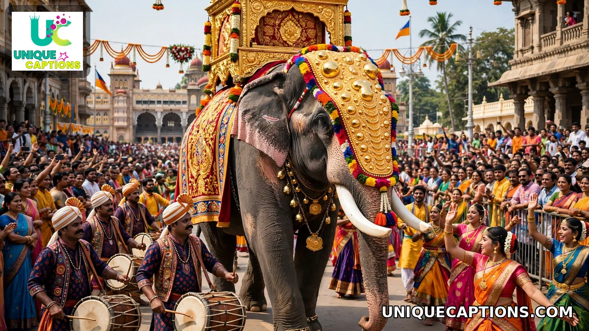 Decorated elephant carrying a golden howdah in a grand Dasara procession