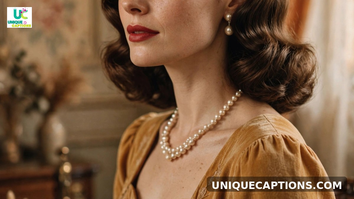 Vintage fashion captions - woman in timeless retro dress with pearl jewelry