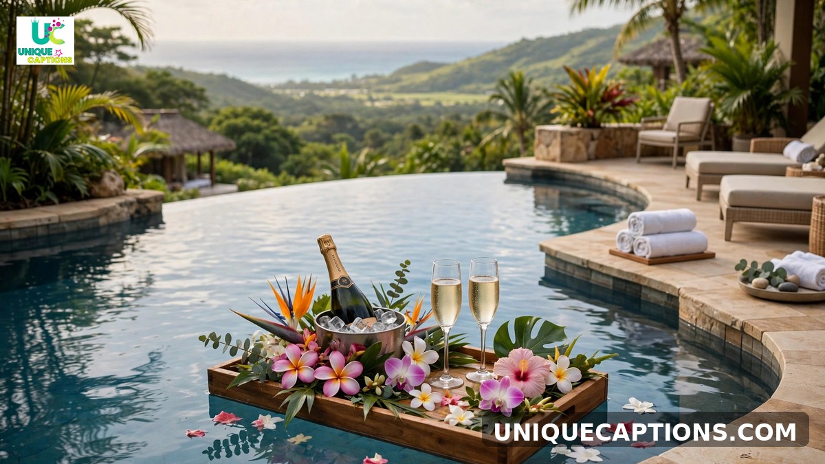 Weekend luxury captions - infinity pool with floating champagne tray at resort