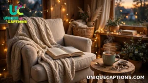 Cozy reading corner with a warm blanket, glowing fairy lights and a hot drink on a winter evening