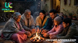 Indian family gathered around a small angeethi bonfire warming their hands on a winter night