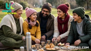 Indian family enjoying a winter picnic on a lawn with a thermos of chai and homemade snacks