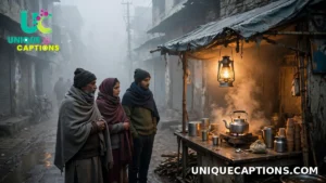 Foggy North Indian street at dawn with a small tea stall glowing warmly through the mist