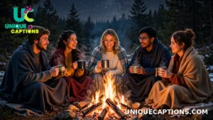 Group of friends sitting around a crackling bonfire under a starry winter night sky