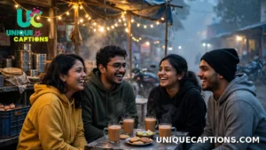 Group of friends in hoodies laughing over cups of hot tea at a roadside dhaba in winter