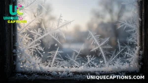 Delicate frost patterns spreading across a window pane in soft winter morning light