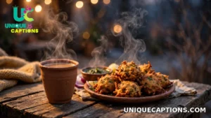 Steaming kulhad chai in a clay cup served with hot pakoras on a winter evening table