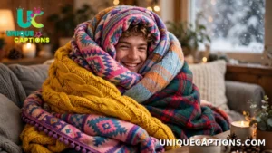 Cheerful person bundled in layers of colourful blankets with only their smiling face peeking out
