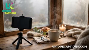 Smartphone on a small tripod filming a cozy winter morning coffee moment by a foggy window