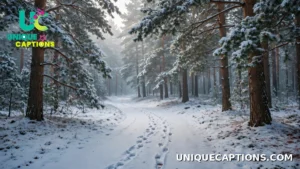 Quiet snow-covered forest path with tall pine trees in soft winter light
