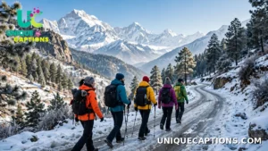 Travellers in colourful winter gear walking along a snow-covered mountain road in the hills