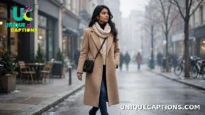 Stylish young woman in a long winter coat and knitted scarf walking down a city street