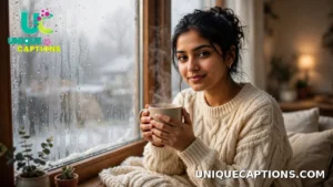 Woman in a cozy knitted sweater holding a steaming mug beside a foggy window — the perfect mood for Winter Captions for Instagram