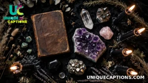 Crystals, candles and an old book arranged in a moody flat lay