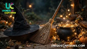 Witch Captions for Instagram — witch hat and broom beside a glowing cauldron with fairy lights