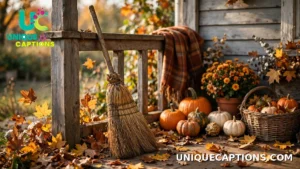Vintage broom leaning against a wooden porch rail in autumn