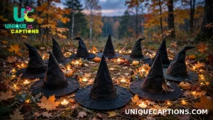 Circle of witch hats arranged on the ground at dusk