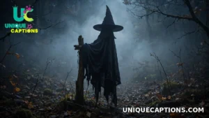 Dark cloak and witch hat silhouette standing in thick fog