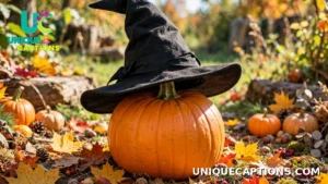 Witch hat perched playfully on top of a smiling pumpkin