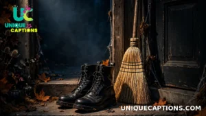 Black boots and a broom styled boldly by a doorway