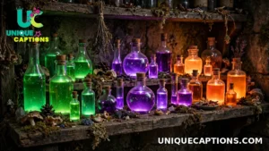 Shelf of potion bottles filled with colorful glowing liquids