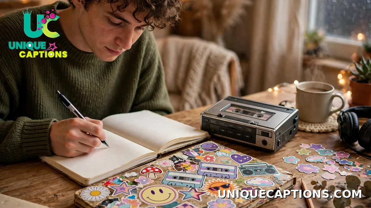 writing 90s captions in a sticker notebook