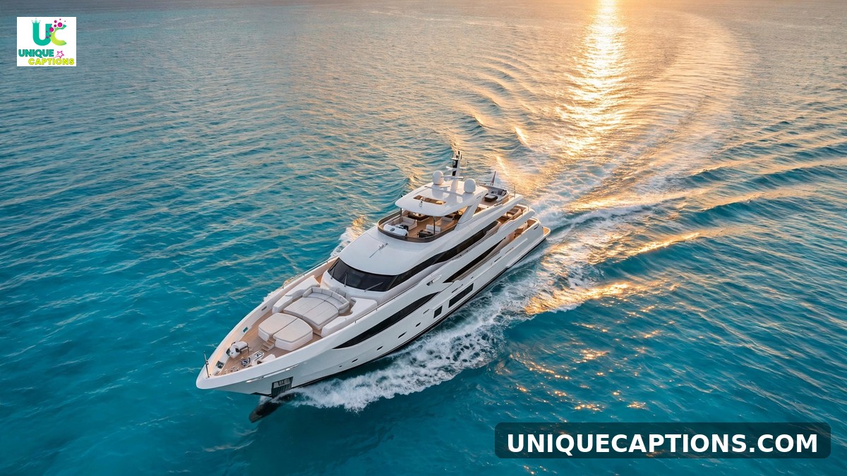 Yacht and private jet captions - white yacht sailing turquoise sea at sunset